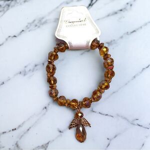 Champagne Color Crystal Angel Charm Beaded Stretch Gold Tone Bracelet NWT